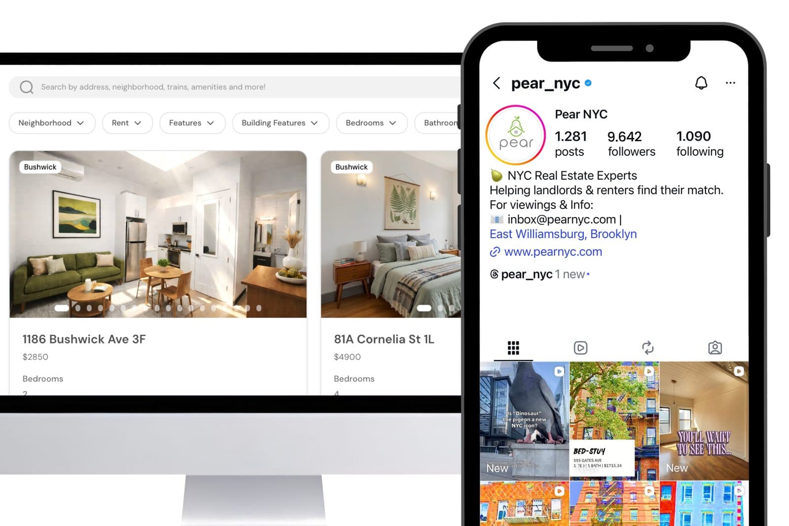 Pear NYC listings displayed on the company website and Instagram profile