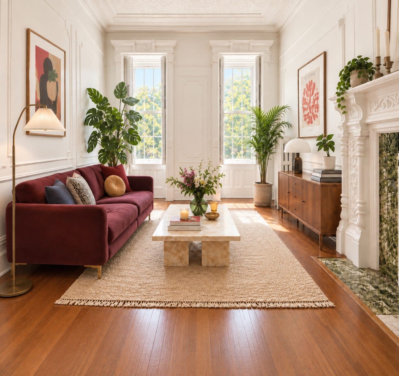 Living room with a marble fireplace mantel and tall windows, virtually staged
