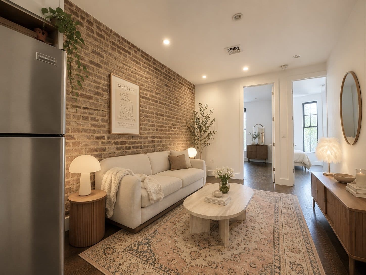 Living room with an exposed brick wall and hardwood floors, virtually staged