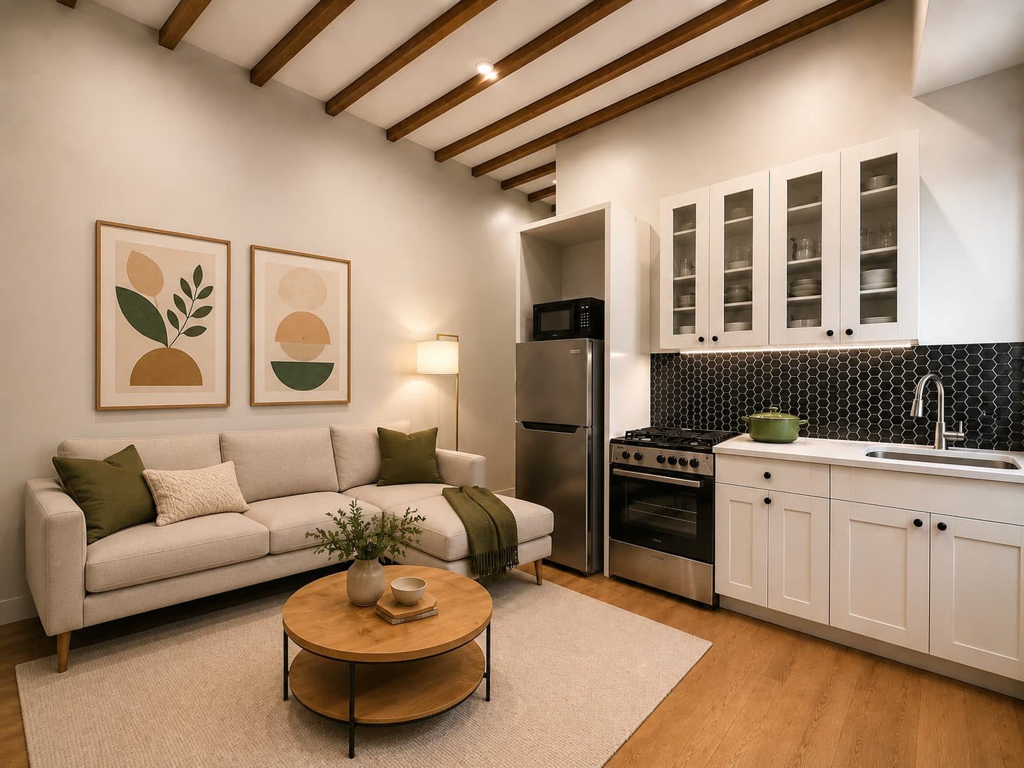 Living room with exposed ceiling beams and an open kitchen, virtually staged