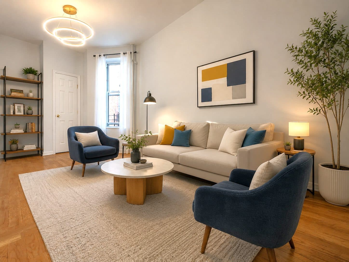 Bright living room with hardwood floors and tall windows, virtually staged
