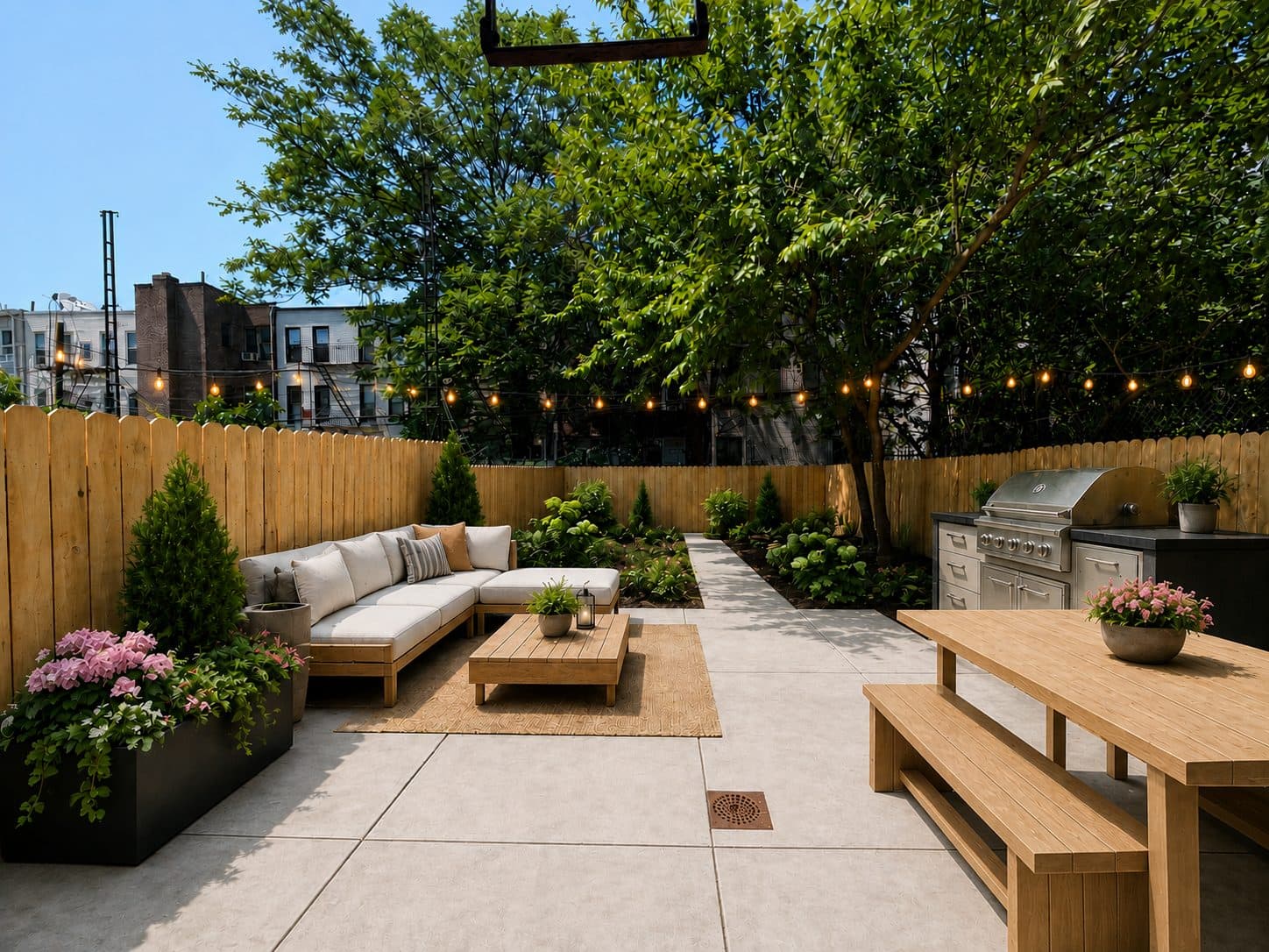 Backyard patio with seating and string lights, virtually staged