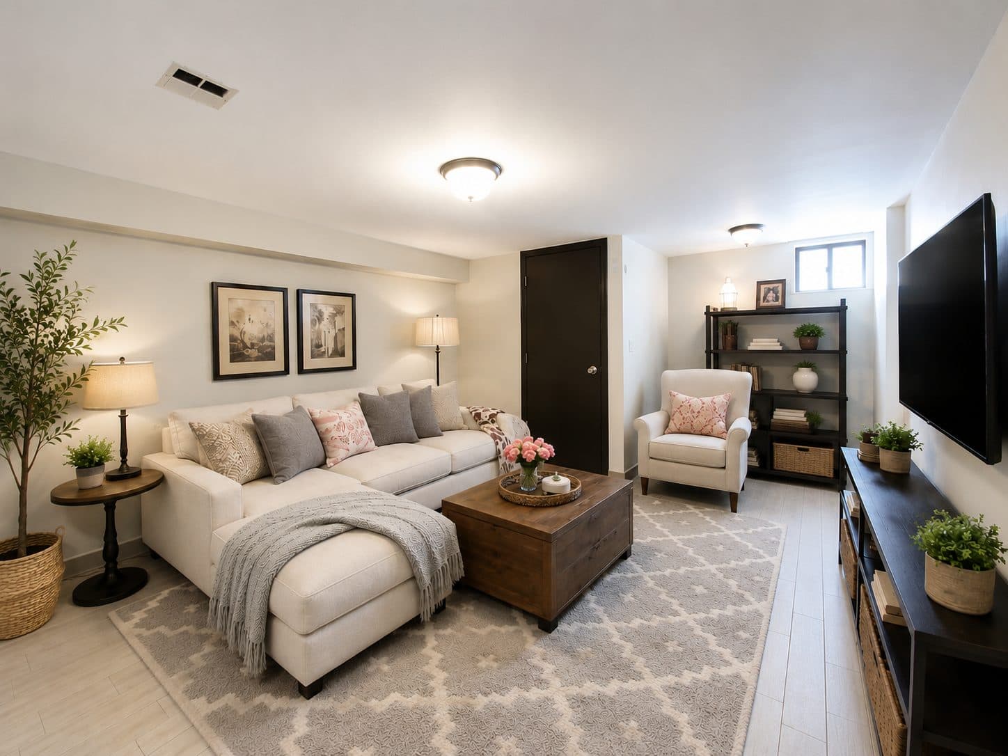 Living room with hardwood floors and a sectional sofa, virtually staged