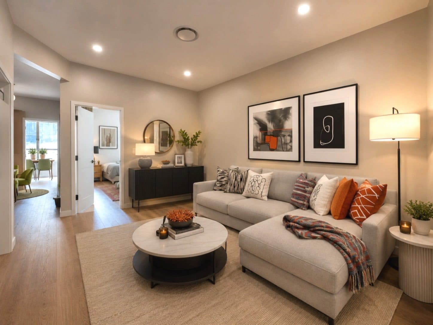 Bright living room with tall windows, virtually staged