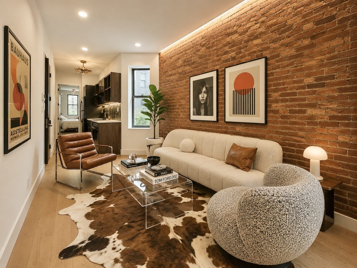 Living room with an exposed brick wall, virtually staged