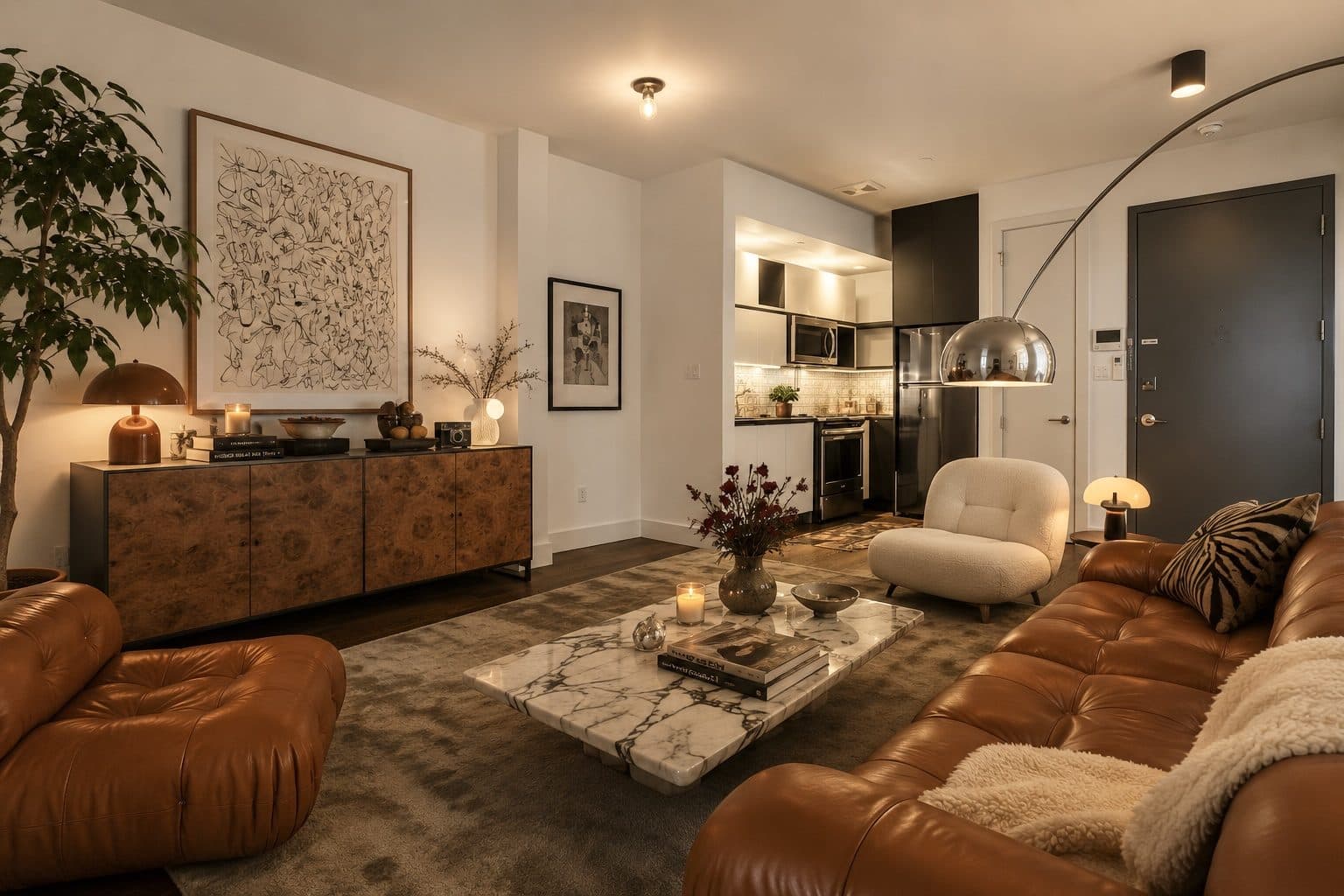Living room with leather seating and warm lighting, virtually staged