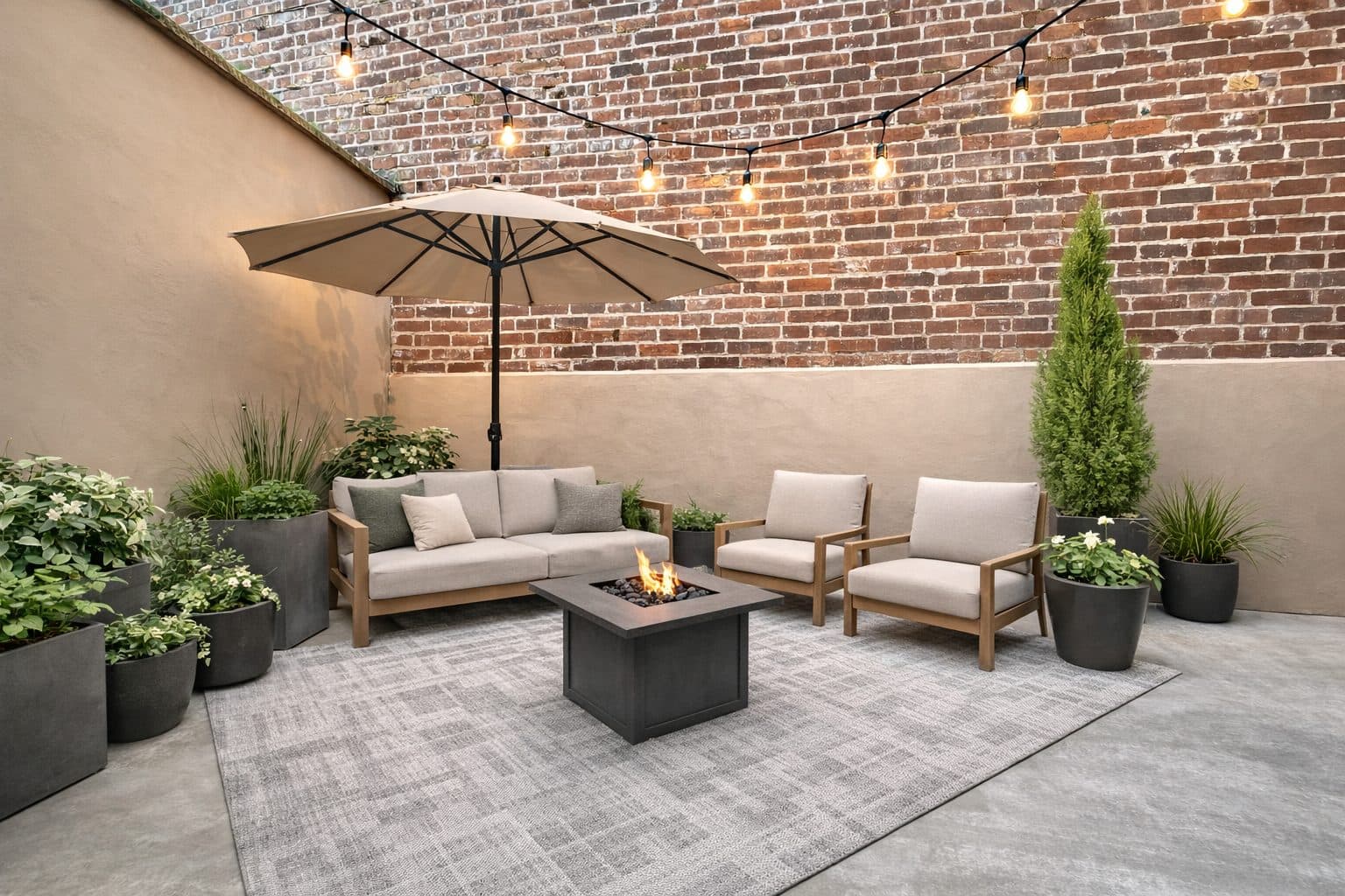 Private patio with seating and string lights along a brick wall, virtually staged