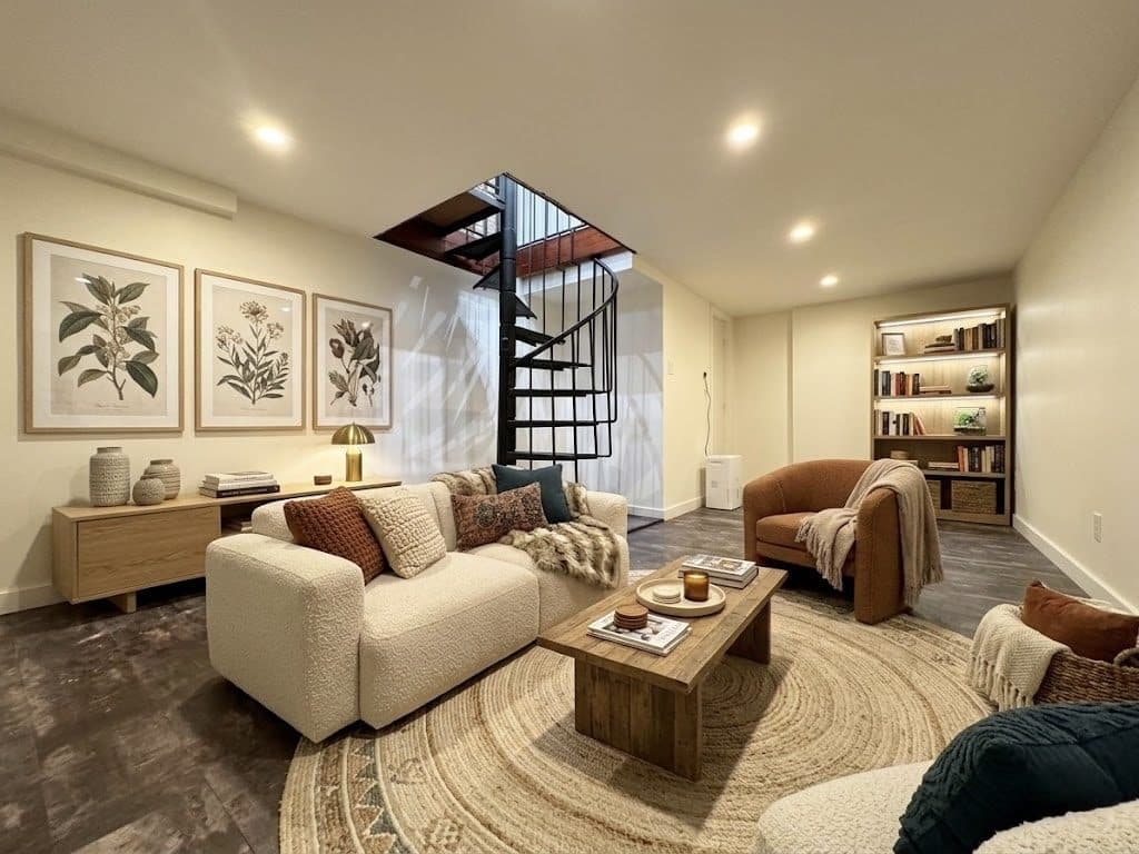 Living room with a spiral staircase, virtually staged