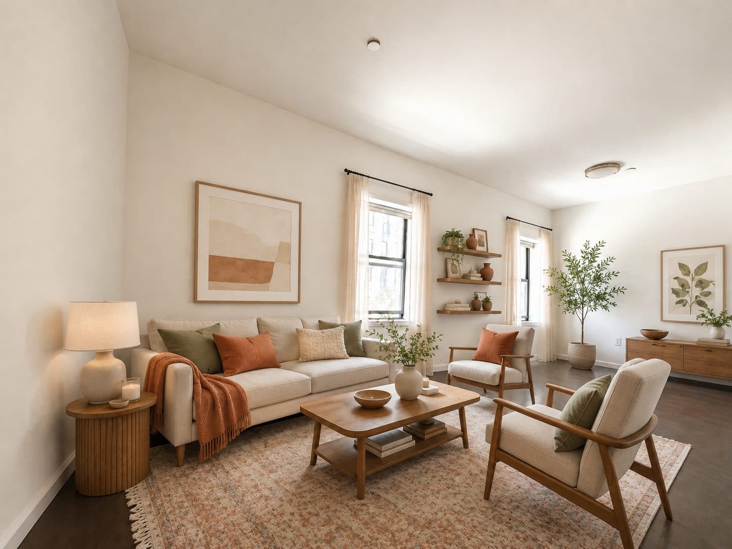 Bright living room with tall windows, virtually staged