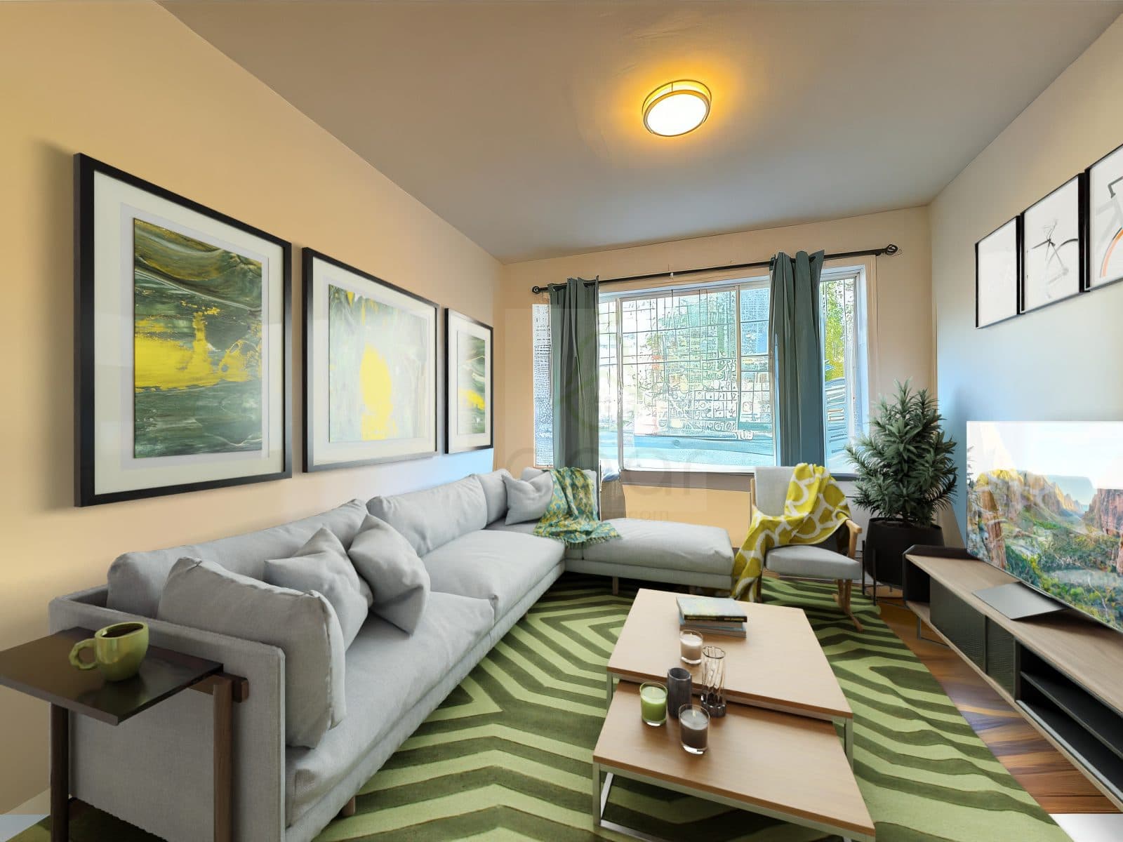 Living room with large windows and a sectional sofa, virtually staged