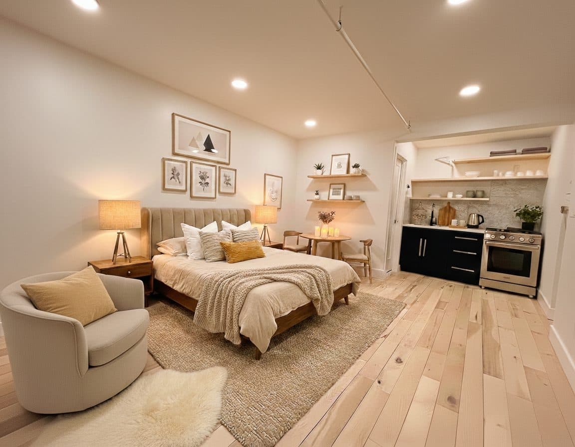 Studio with a sleeping area and a kitchen along one wall, virtually staged