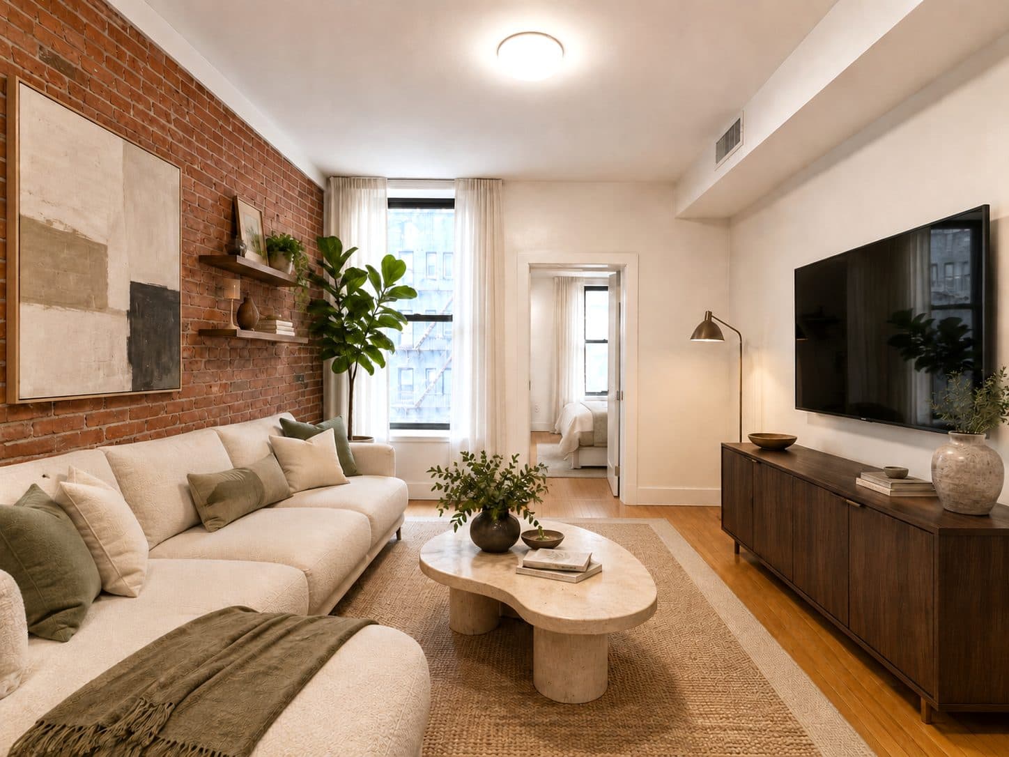 Living room with an exposed brick wall, virtually staged