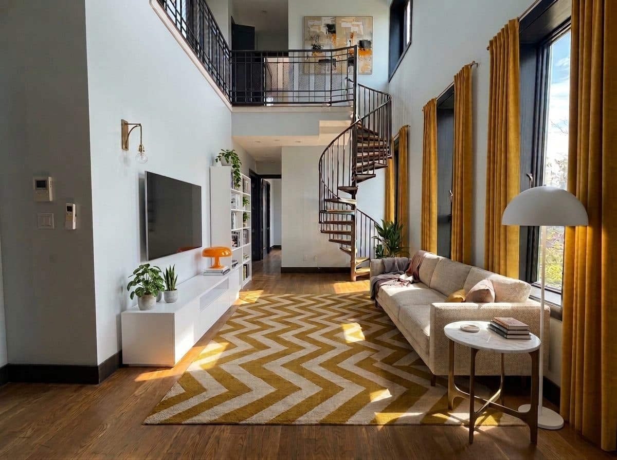 Duplex living room with a spiral staircase and tall windows, virtually staged