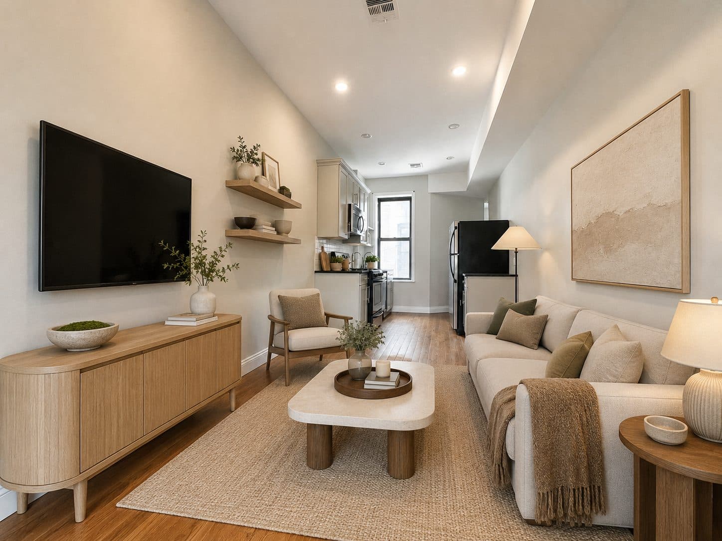 Long living room with windows at both ends, virtually staged