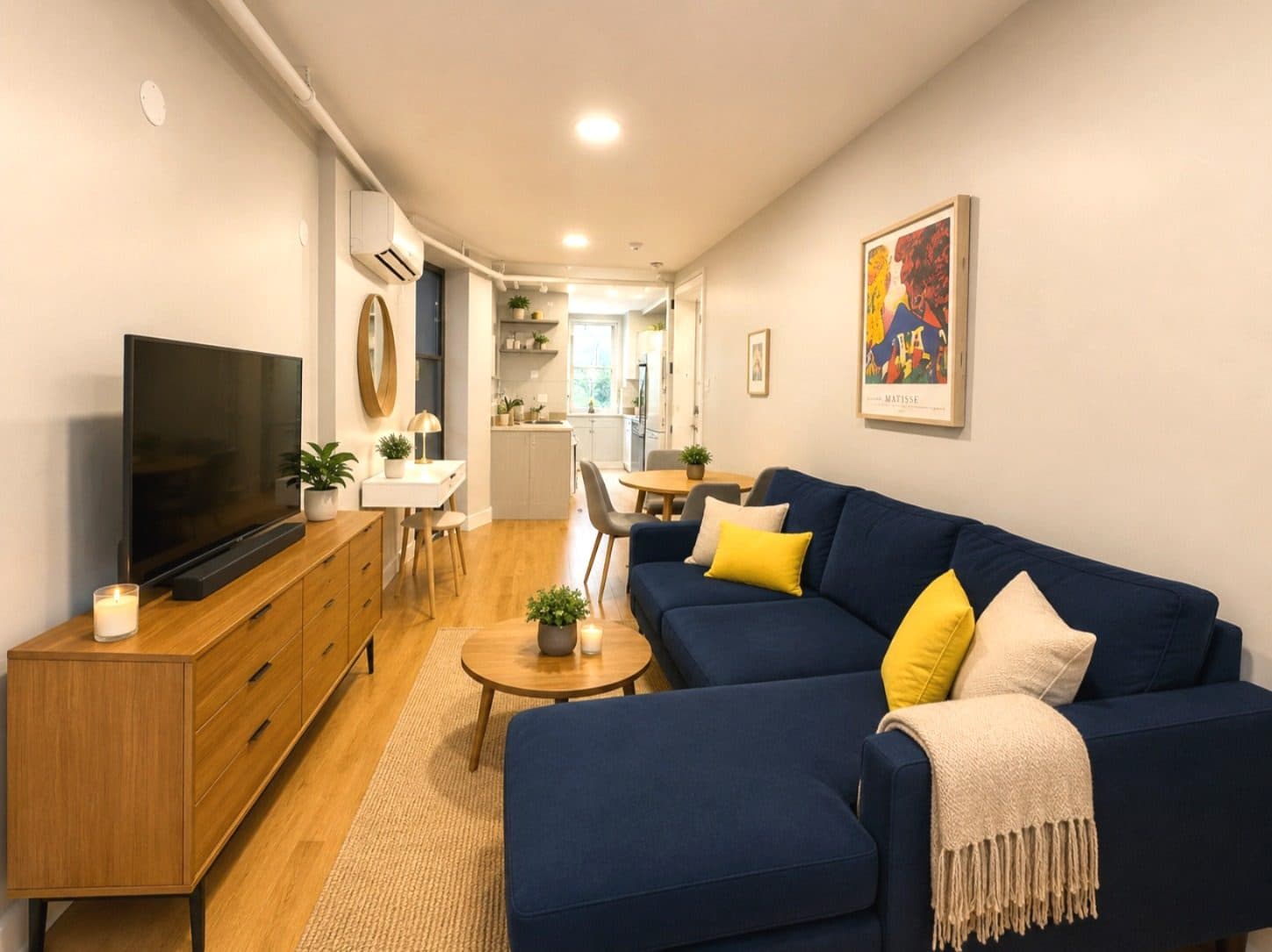Living room with a dining area, virtually staged