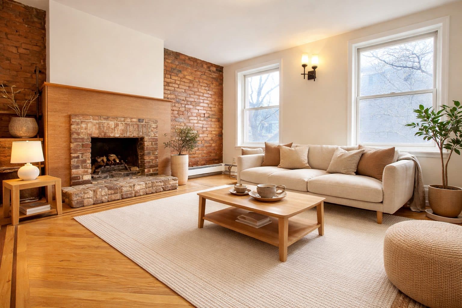 Living room with exposed brick wall and a wood-burning fireplace, virtually staged