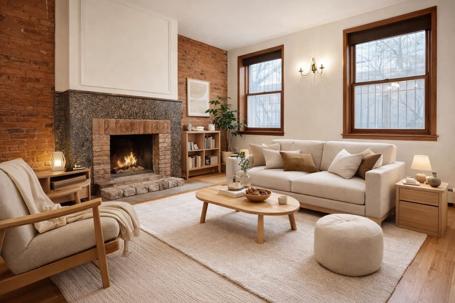 Living room with a fireplace and hardwood floors, virtually staged