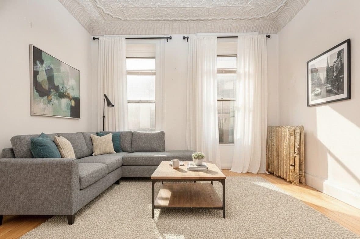Living room under a pressed-tin ceiling with tall windows, virtually staged