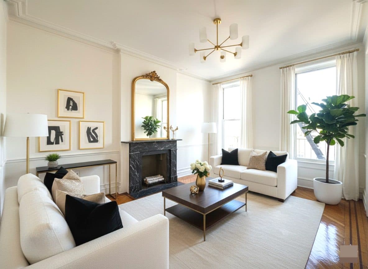 Living room with a fireplace and tall windows, virtually staged