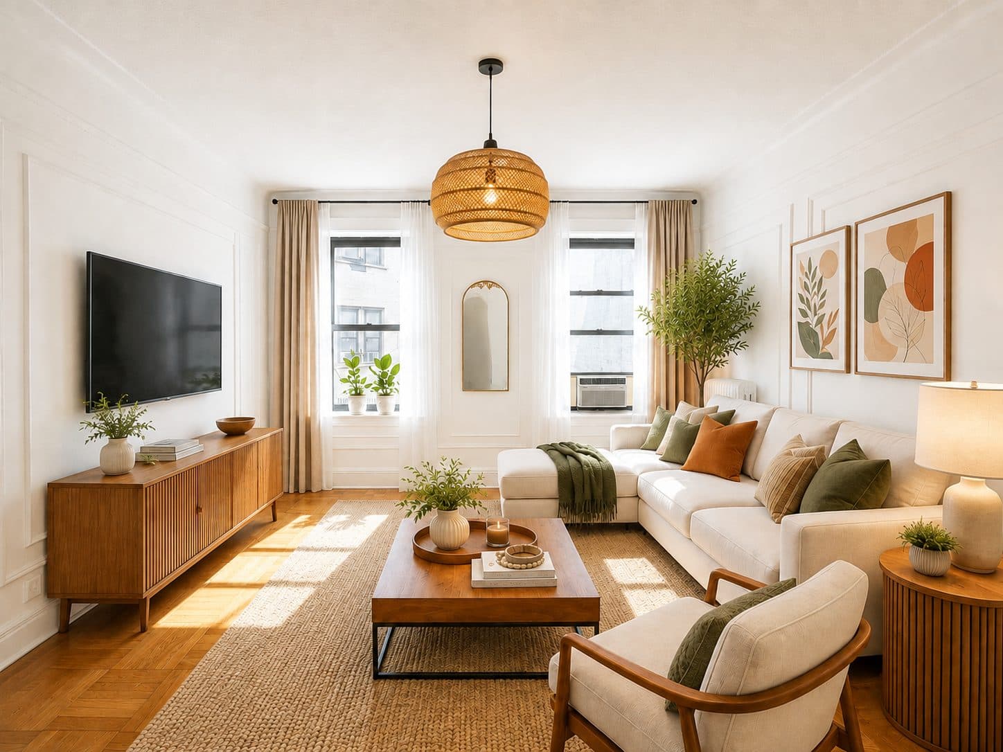 Bright living room with hardwood floors, virtually staged