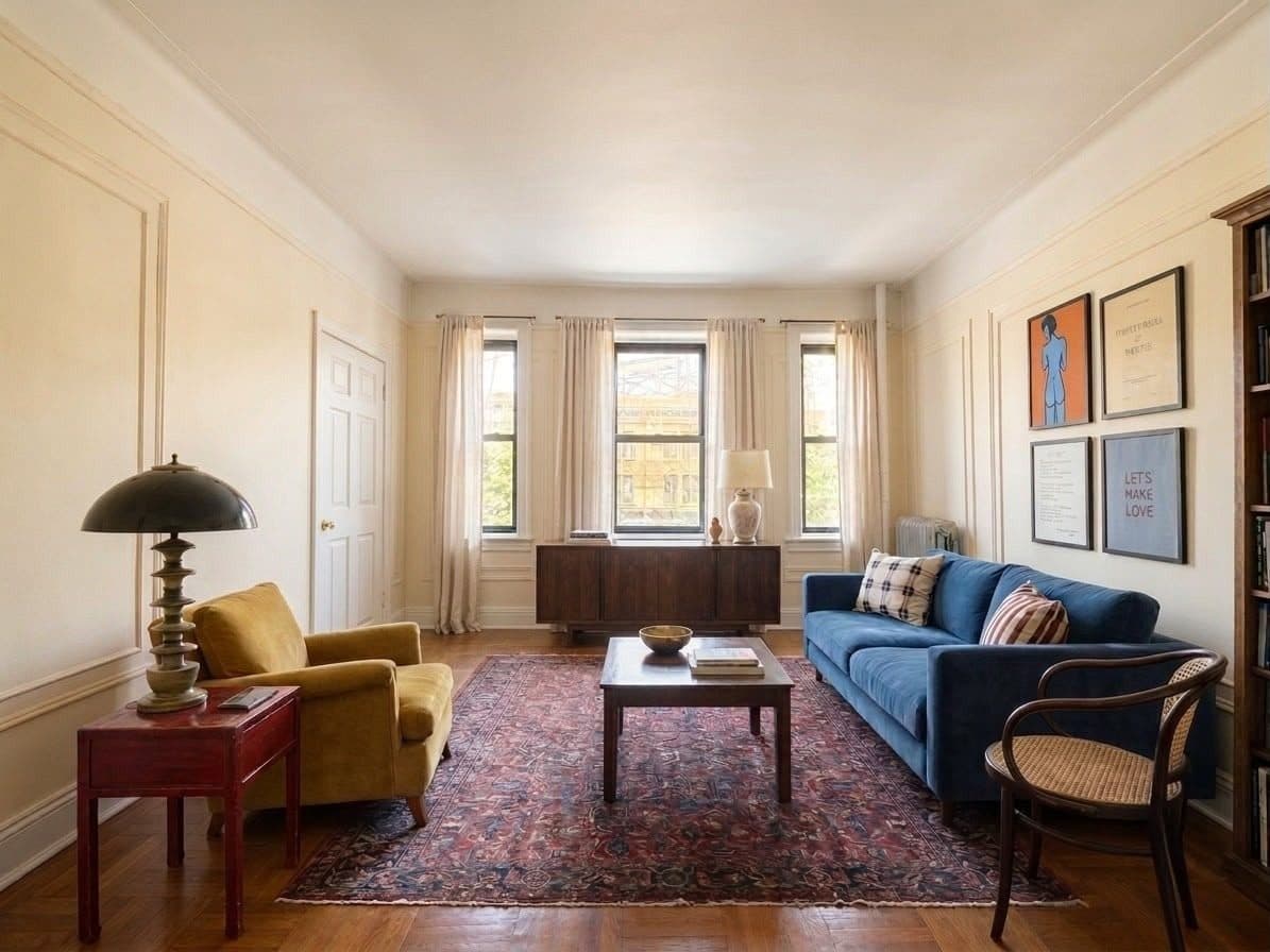 Prewar living room with three tall windows, virtually staged