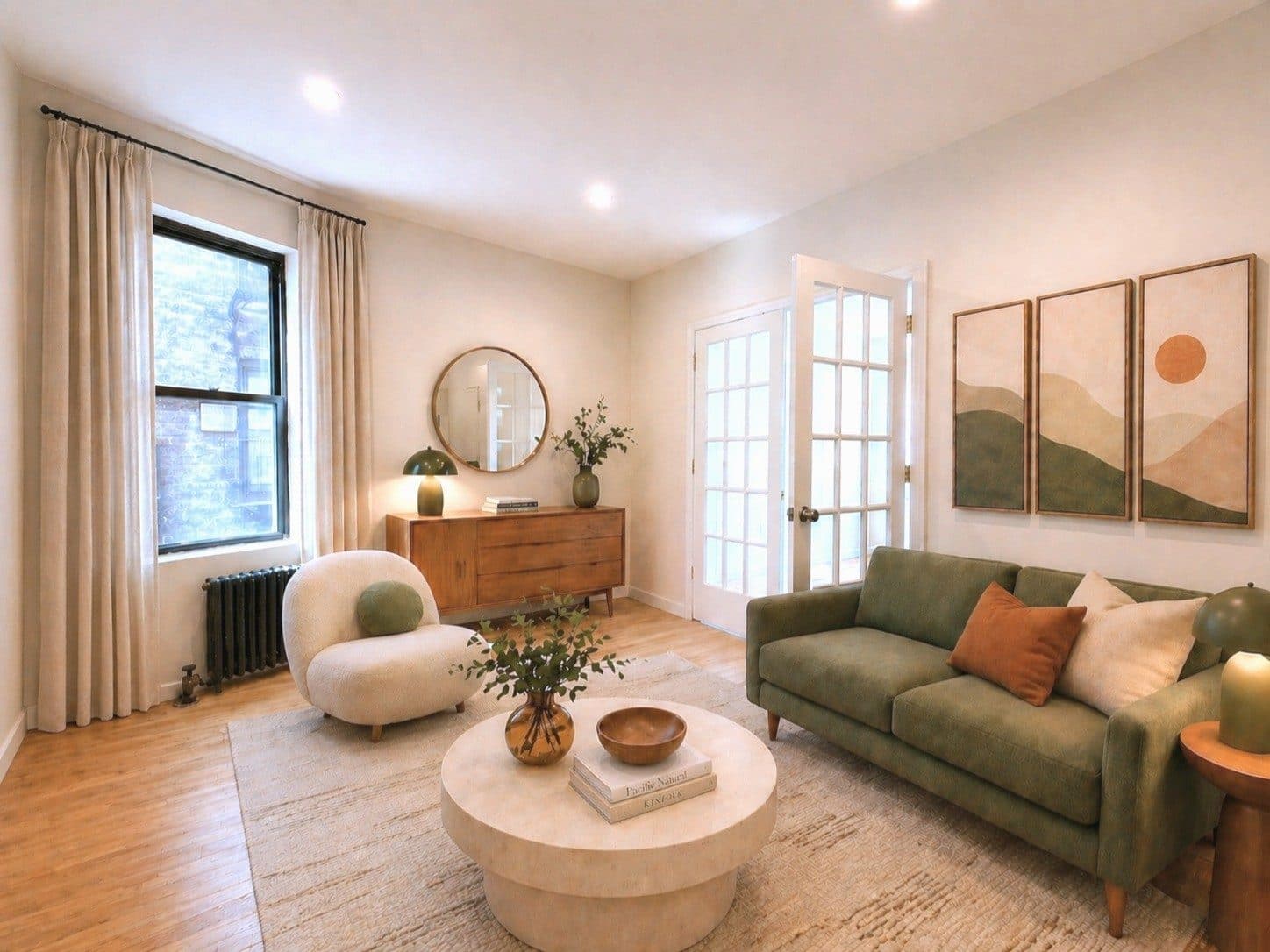 Living room with French doors, virtually staged