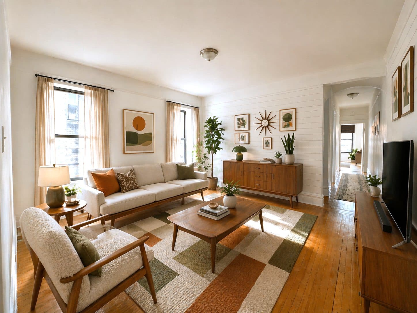 Corner living room with windows on two sides, virtually staged