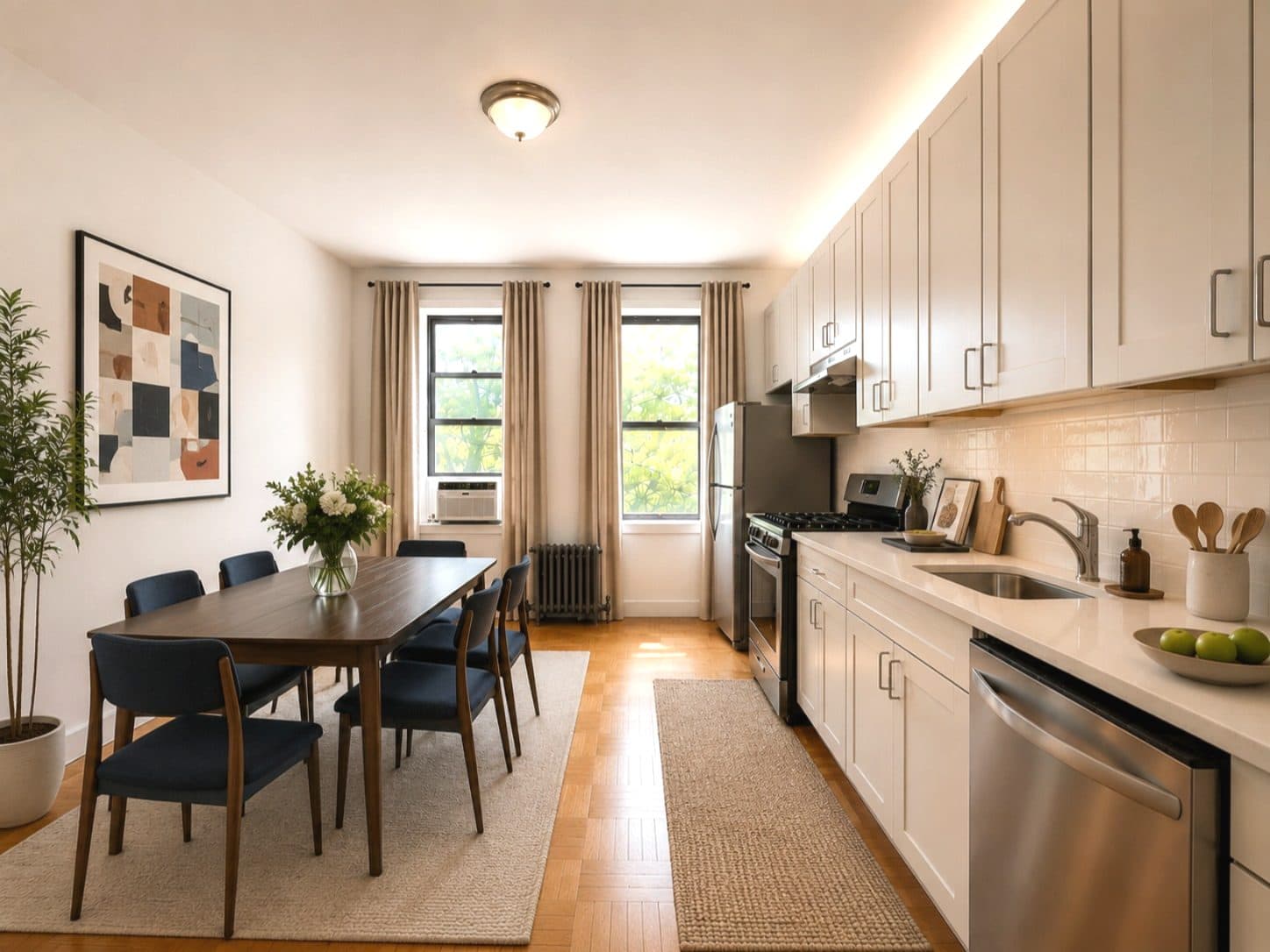 Dining area beside an open kitchen, virtually staged