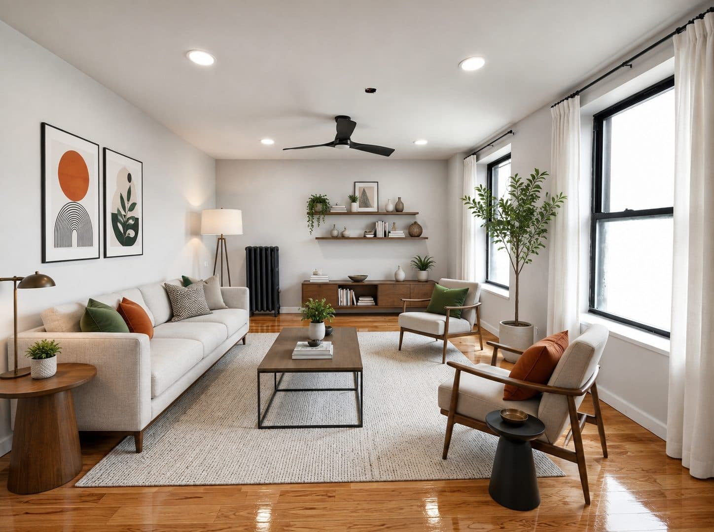Living room with a ceiling fan and tall windows, virtually staged