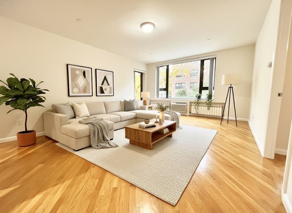 Bright living room with hardwood floors, virtually staged